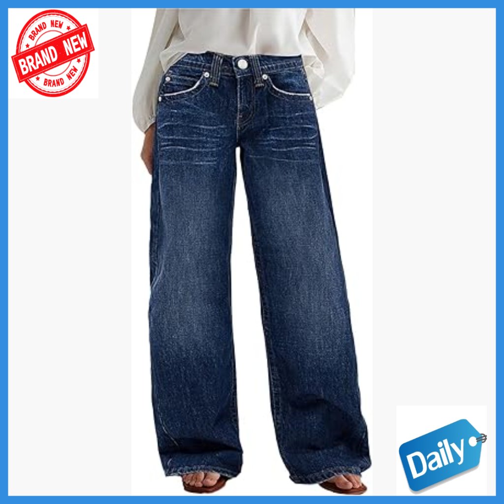 Wide Leg Jeans Mid Rise Stitch Decor Denim Washed Pants